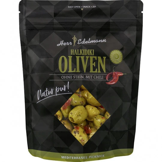Edelmann Halkidiki Oliven Mit Chili Ohne Stein 150G 3 Edelmann Halkidiki Oliven Mit Chili Ohne Stein 150G